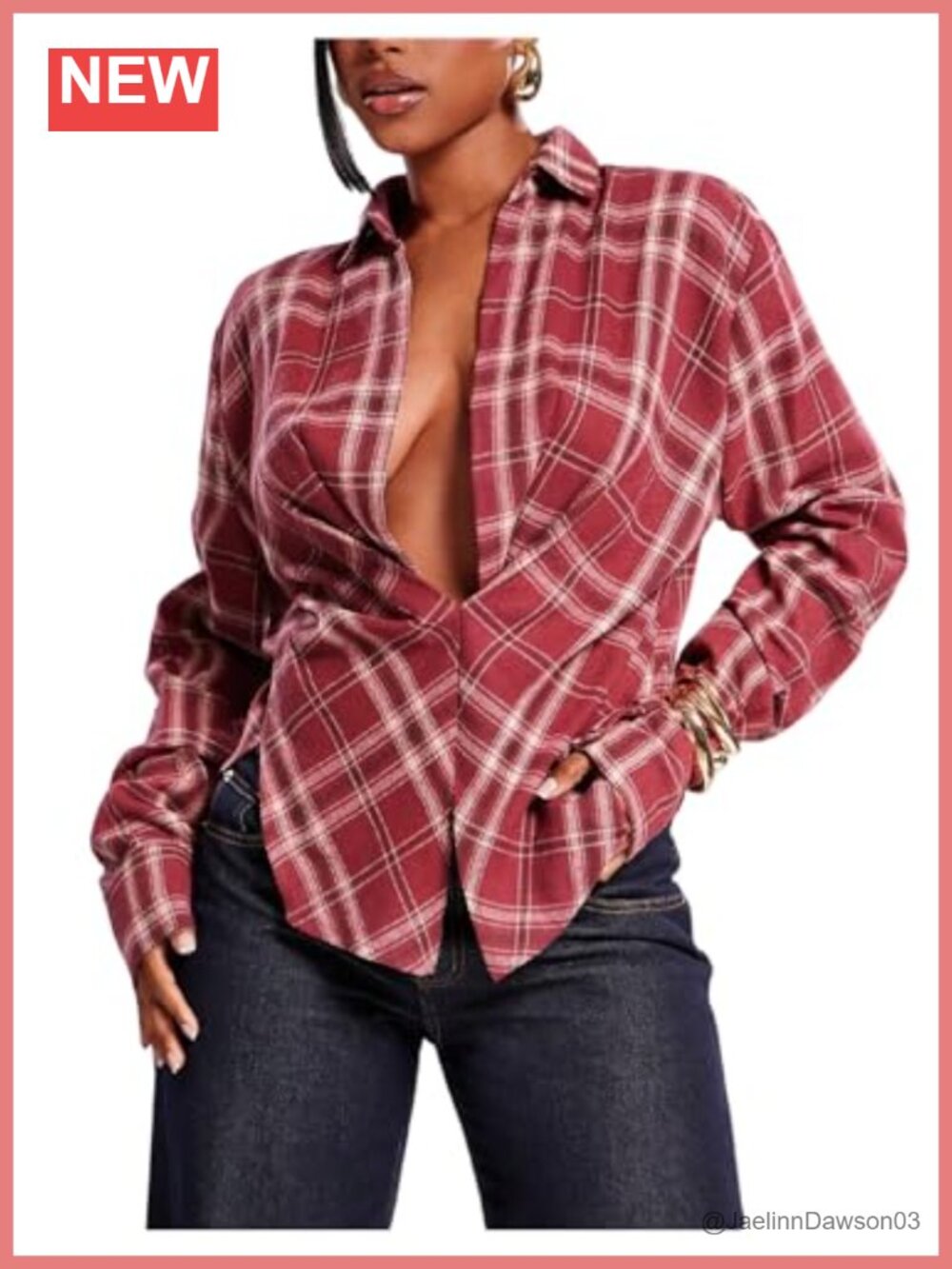 Plaid Button Down Collared Blouse Loose Fit Split Hem Top